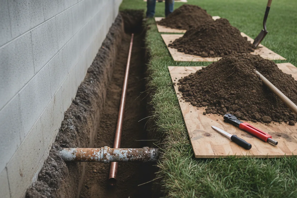 Excavated water line trench during Sewer Line Repair in Medina